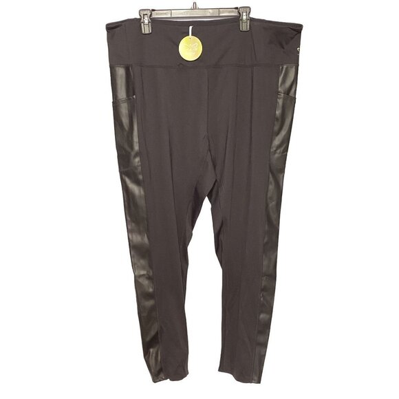 Laila Ali Pants - Laila Ali Black Athletic Leggings with Faux Leather Leg Trim & Pockets Womens 3X